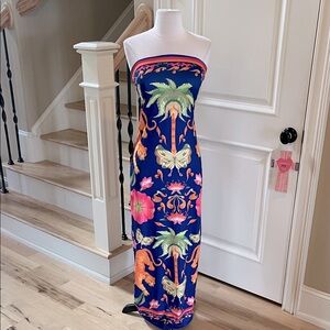 Colorful Vibrant Maxi Dress Strapless Blue Gold Multicolor New
